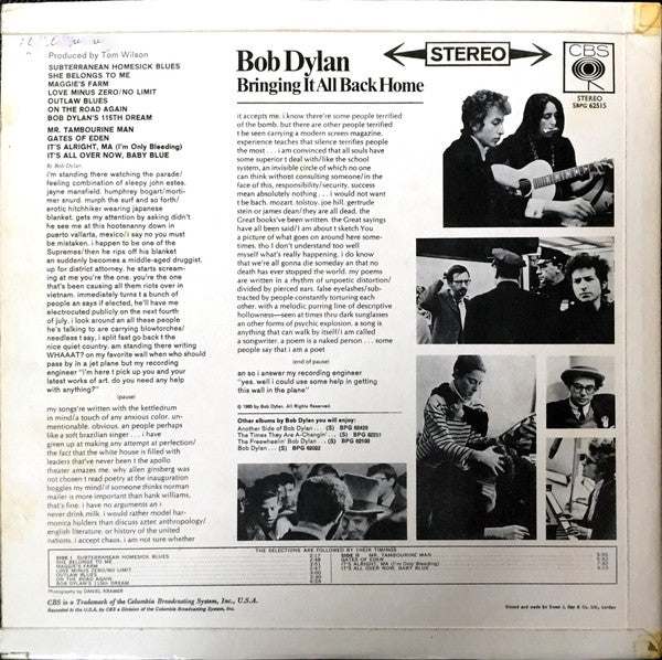 Image of Back Cover of LP - G+/G - BOB DYLAN, Bringing It All Back Home (CBS Orange (33 On Label - Pre 1967) Rough Textured Label; BPG62515, UK 1965, Laminated Flipback Sleeve, Company Inner, Mono), , Record is very marked. Sleeve has staining, discolouration, torn flipback, ringwear, creases, writing. - 4326156E