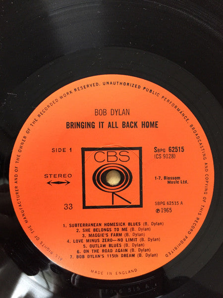 Image of Label Cover of LP - G+/G - BOB DYLAN, Bringing It All Back Home (CBS Orange (33 On Label - Pre 1967) Rough Textured Label; BPG62515, UK 1965, Laminated Flipback Sleeve, Company Inner, Mono), , Record is very marked. Sleeve has staining, discolouration, torn flipback, ringwear, creases, writing. - 4326156E