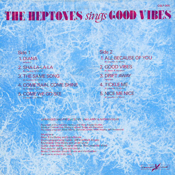 Image of Back Cover of LP - VG/G - HEPTONES, The Heptones Sings Good Vibes (Clarendon Sound; CSLP 005, UK 1988), Both sides marked. Sleeve has edge / spine and corner wear, light damage and staning on reverse; evidence of old sticker in middle of cover,  - 2716294C