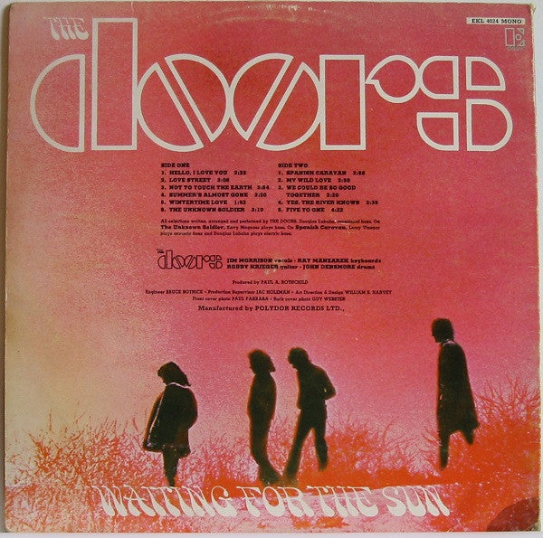 Image of Back Cover of 4724258E: LP - THE DOORS, Waiting for the Sun (Elektra Orange & Black; EKL4024, UK 1968, Gatefold, Mono) Tear In Top Of Front Sleeve, Split Spine, Sticker Damage To Sleeve  G/VG