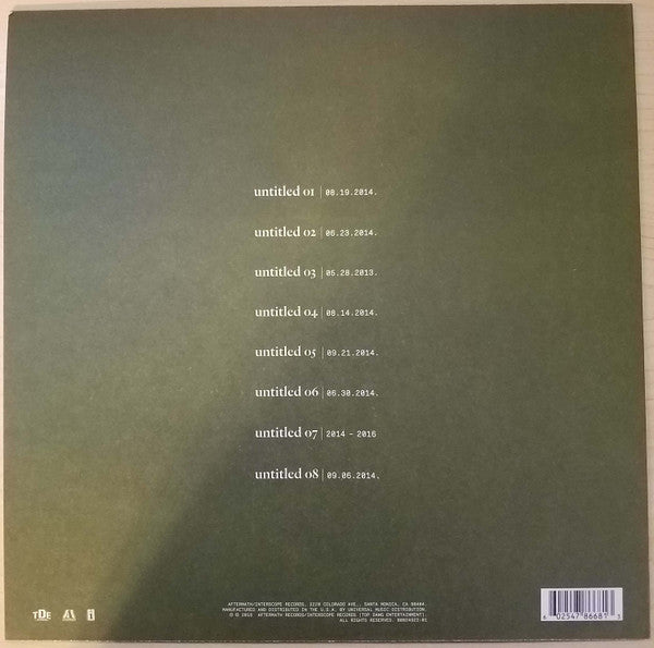 Image of Back Cover of LP - NEW/NEW - KENDRICK LAMAR, Untitled Unmastered. (Top Dawg Entertainment; 4786681, Europe 2016), , Kendrick Lamar has released a surprise eight-track album, Untitled Unmastered, comprising outtakes from the Grammy-winning To Pimp A Butterfly. Filled with jazz solos and politically-charged lyrics, it appers to be a companion piece to Butterfly, rather than a standalone record. All of the tracks are untitled, save for the date they were recorded. - 0116222C