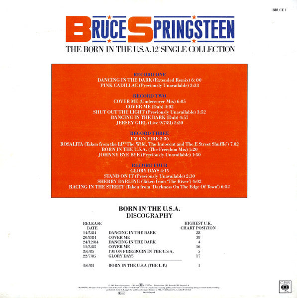 Image of Back Cover of 4x12" - VG/VG+ - BRUCE SPRINGSTEEN, Born in the USA Singles Collection (CBS; BRUCE1, UK 1985, Box Set, NO Poster, 4 x 12", bonus 7"), wear to back of box, sticker remnants on back of box,  - 3546020S