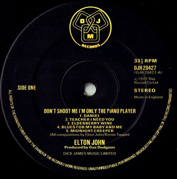 Image of Label Cover of LP - VG/VG+ - ELTON JOHN, Don't Shoot Me I'm Only The Piano Player (DJM Records; DJH 20427, UK 1970s Reissue, Gatefold, Booklet, A10/B10), Record has a couple of longer marks that do not sound. Creasing to sleeve.,  - 1626363E