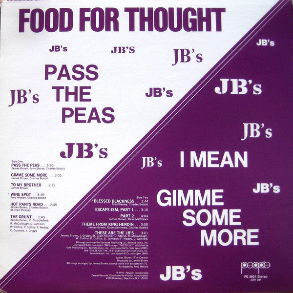 Image of Back Cover of LP - G+/VG - JB'S, Food for Thought (People; PE5601, US 1970s Reissue), Creasing, scuffs, and marks on sleeve. Light hairlines on disc.,  - 2846099S