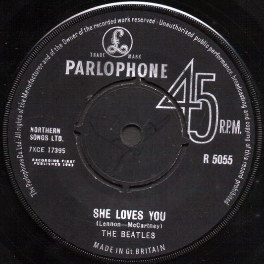 Image of Front Cover of 3214165C: 7" - THE BEATLES, She Loves You (Parlophone; R5055, UK 1963, Company Sleeve) Cat number & date stamp on sleeve.  VG+/VG+