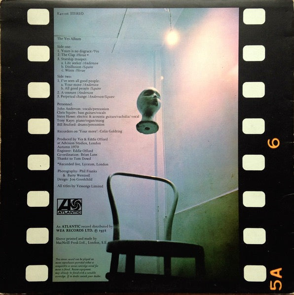 Image of Back Cover of LP - VG/VG - YES, The Yes Album (Atlantic Orange & Green - No W Logo On Label Rim, Small v Under Cat No on Label; K 40106, UK 1972 Reissue, Gatefold, Made in Uk On Label), Quite a few hairlines. Edge wear and light sticker damage on front of sleeve. ,  - 3626422E