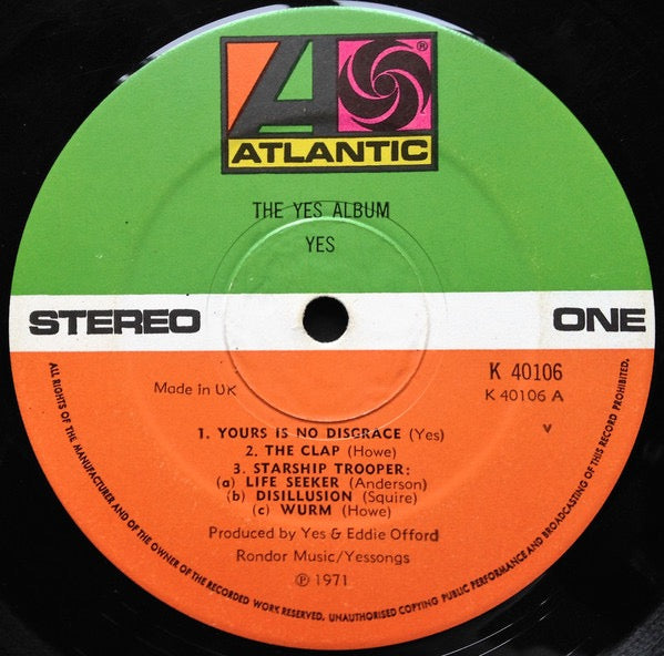 Image of Label Cover of LP - VG/VG - YES, The Yes Album (Atlantic Orange & Green - No W Logo On Label Rim, Small v Under Cat No on Label; K 40106, UK 1972 Reissue, Gatefold, Made in Uk On Label), Quite a few hairlines. Edge wear and light sticker damage on front of sleeve. ,  - 3626422E