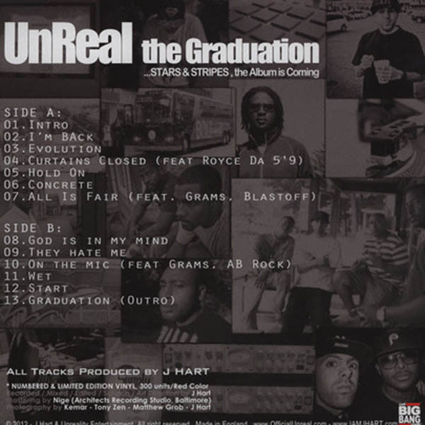 Image of Back Cover of 4614275C: LP - UNREAL & J HART, The Graduation (; JHGG001, UK 2012, Insert, Red Vinyl - Limited Edition of 300) Some wear at corners of sleeve  VG/VG