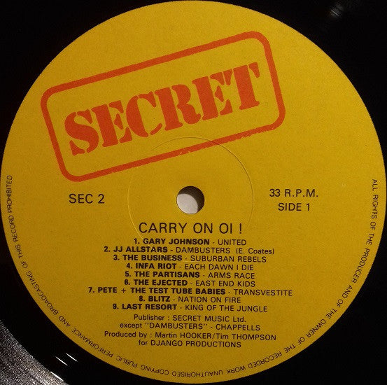 Image of Label Cover of LP - VG/VG+ - VARIOUS, Carry On Oi!! (Secret; SEC 2, UK 1981, Inner), ,  - 2846258S