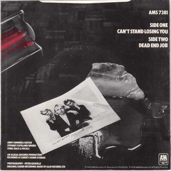 Image of Back Cover of 7" - VG/VG+ - THE POLICE, Can't Stand Losing You  (AMS ; AMS 7381, UK 1979, Picture Sleeve, White Vinyl), Light staining to sleeve,  - 0916388C