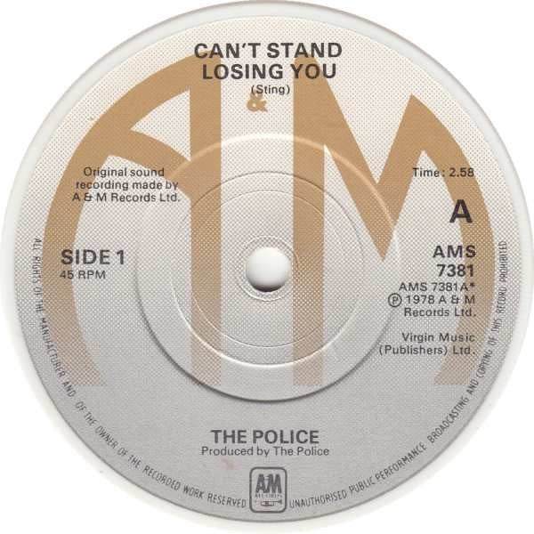Image of Label Cover of 7" - VG/VG+ - THE POLICE, Can't Stand Losing You  (AMS ; AMS 7381, UK 1979, Picture Sleeve, White Vinyl), Light staining to sleeve,  - 0916388C
