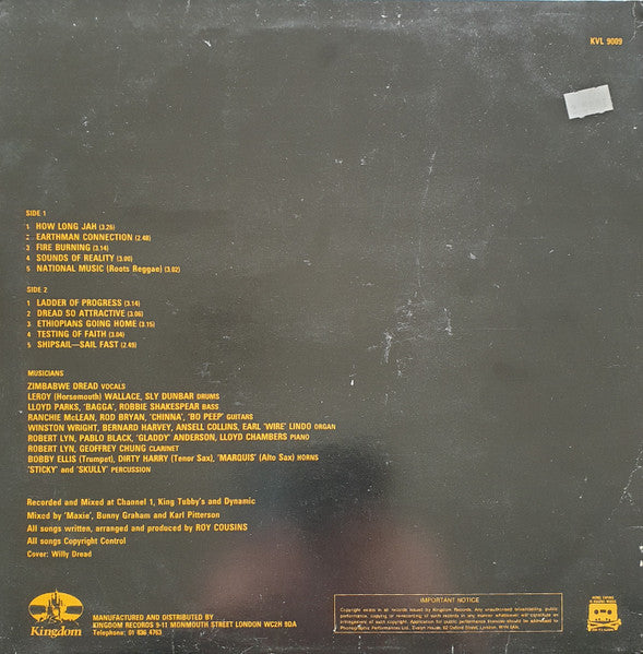 Image of Back Cover of 2545314S: LP - ZIMBABWE DREAD, Earthman Connection (Kingdom Records; KVL 9009, UK 1981) Edge Wear  VG/VG