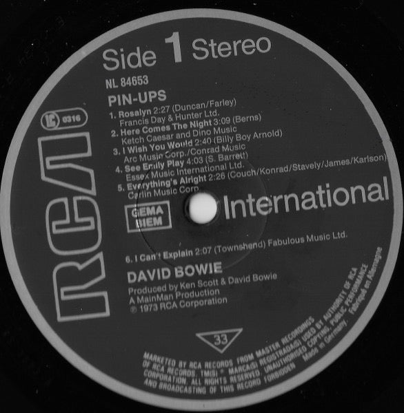 Image of Label Cover of LP - VG/VG+ - DAVID BOWIE, Pinups (RCA International GEMA/BIEM; NL 84653, Europe 1983 Reissue, NO "Made In Germany" In Run-Outs), ,  - 2616127C