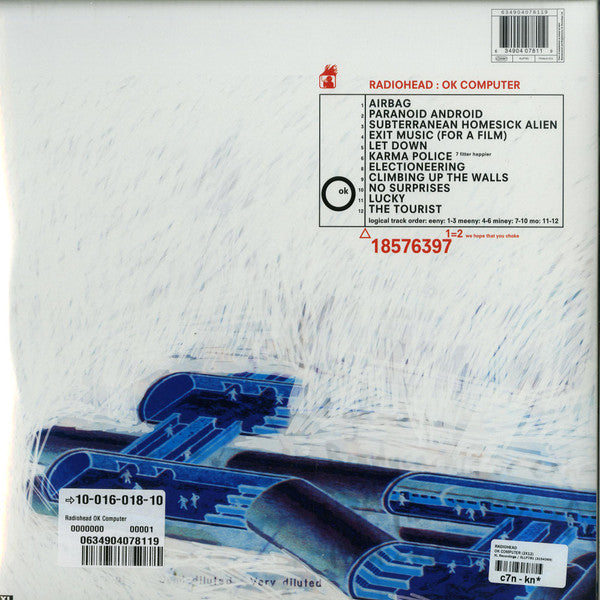 Image of Back Cover of 2xLP - NEW/NEW - RADIOHEAD, OK Computer (XL Recordings; XLLP781, Europe 2016 Reissue, Gatefold, 2 Inners, Black Vinyl), , In spite of its technological-sounding title and apocalyptic sci-fi themes, Radiohead's third album 'OK Computer' is firmly grounded in the rock verities. Waves of guitars rage beneath the haunting melodies and near-hysterical fits of singer Thom Yorke. This complex, intense swarm of guitars is held aloft by a solid, inventive rhythm section and an impressive array