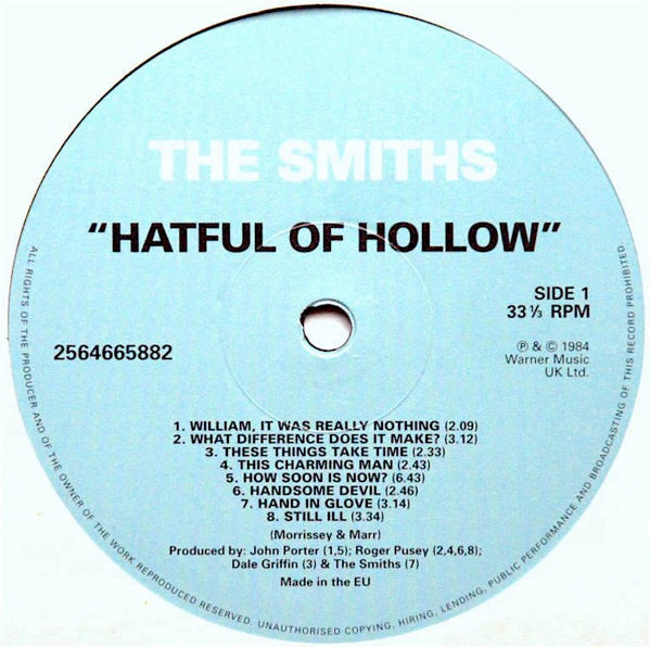 Image of Label Cover of LP - VG+/G+ - THE SMITHS, Hatful Of Hollow (Warner Bros; 2564665882, Europe 2012 Reissue, Gatefold, Inner, 180 Gram Vinyl), ,  - 3926222E