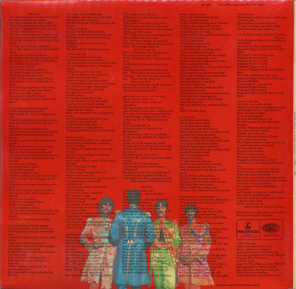 Image of Back Cover of 5124207E: LP - THE BEATLES, Sgt. Pepper's Lonely Hearts Club Band (Parlophone Silver/Black 2 EMI Boxes, Gramophone Co on Label Rim; PCS7027, UK 1971 Reissue, Laminated Gatefold Sleeve, Insert, Stereo) A1/B1  VG+/VG+