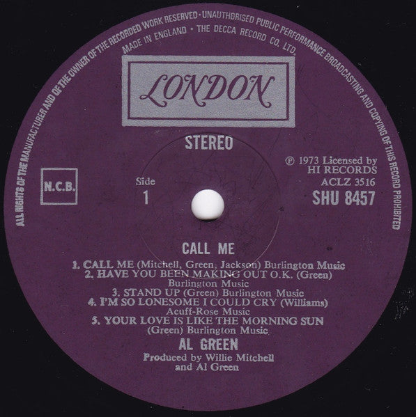 Image of Label Cover of LP - VG/VG - AL GREEN, Call Me (London Plum; SHU 8457, UK 1973), Light hairlines. Edgewear and ringwear. ,  - 4426120E