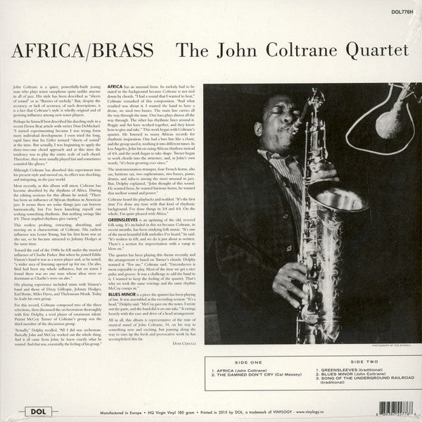 Image of Back Cover of LP - VG+/VG+ - JOHN COLTRANE QUARTET, Africa/Brass (DOL; DOL776H, Europe 2015 Reissue, Picture Sleeve, 180 Gram Vinyl), Still In Opened Shrinkwrap but with corner creases,  - 3546027S