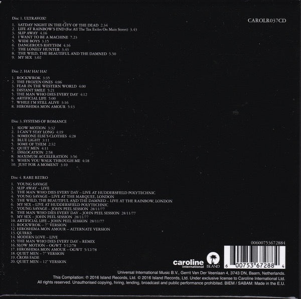 Image of Back Cover of 4xCD - VG/VG+ - ULTRAVOX, The Island Years (Caroline International; CAROLR037CD, Europe 2016, Box Set, Booklet, MADE IN GERMANY BY EDC), ,  - 3216213C