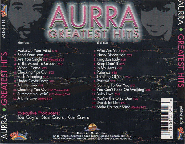 Image of Back Cover of 2xCD - VG+/VG+ - AURRA, Greatest Hits (Uni; AGEK2-2194, Canada 1999, Fatbox Double Case, Booklet), ,  - 2516445C