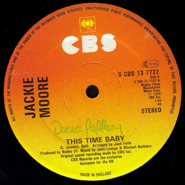 Image of Back Cover of 4414031C: 12" - JACKIE MOORE, This Time Baby / Let's Go Somewhere And Make Love (CBS; S CBS 13 7722, UK 1979, Stickered Company Sleeve) Strong VG to disc.  VG/VG