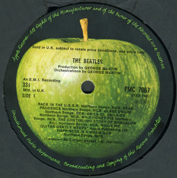 Image of Label of 2624104E: 2xLP - THE BEATLES, The White Album (Apple; PMC7067, UK 1968, Numbered Top-Opening Laminated Embossed Gatefold, Black Inners, Poster and 4 Postcards, Mono. EMI Recording And Sold In The U.K. Label Text) No. 0276170, Black Inners Tatty.  VG/G+