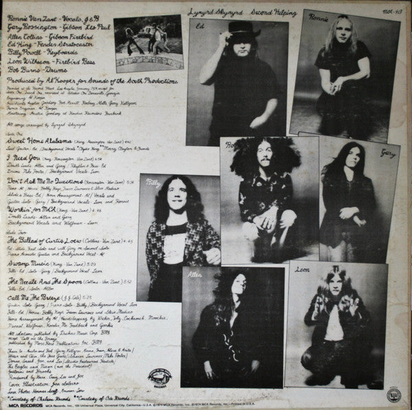 Image of Back Cover of LP - VG/G+ - LYNYRD SKYNYRD, Second Helping (Sounds Of The South; MCA-413, US 1974, Gloversville Pressing), Sleeve has a split at bottom of spine. Small bit of tape stuck to label & rear sleeve. ,  - 2716501C