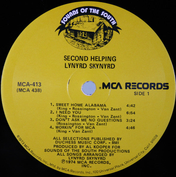 Image of Label Cover of LP - VG/G+ - LYNYRD SKYNYRD, Second Helping (Sounds Of The South; MCA-413, US 1974, Gloversville Pressing), Sleeve has a split at bottom of spine. Small bit of tape stuck to label & rear sleeve. ,  - 2716501C