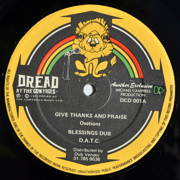 Image of Label Cover of 12" - G+/G+ - THE OVATIONS, Give Thanks & Praise / Shy Girl (Dread At The Controls; DCD 001, UK 1980, e, Company Sleeve), Marks on disc. Wear to company sleeve.,  - 2746124S