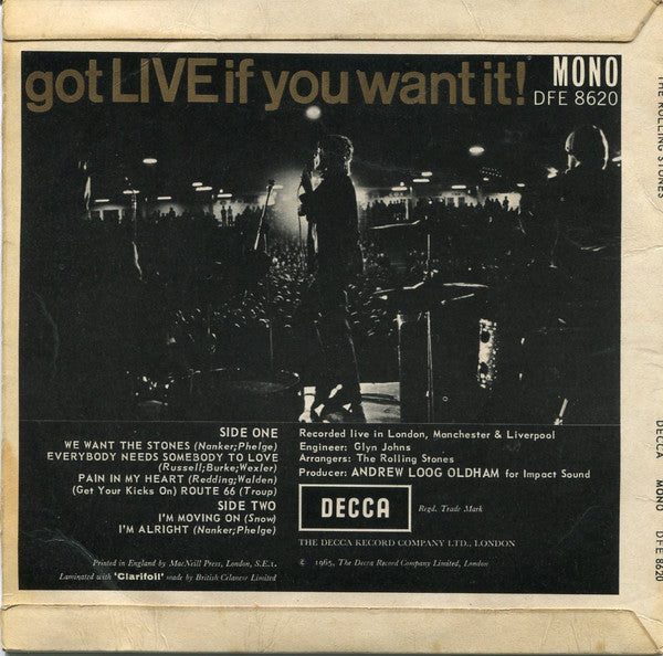 Image of Back Cover of 0455160S: 7" EP - THE ROLLING STONES, Got Live if You Want It (Decca Unboxed; DFE8620, UK 1965, Laminated Flipback Sleeve)   VG/VG