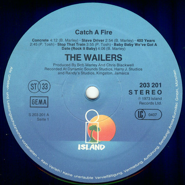 Image of Label Cover of C: LP - BOB MARLEY AND THE WAILERS, Catch A Fire (Island Records; 203 201, Germany 1980 Reissue, No Barcode, GEMA Rights box)   VG+/VG+