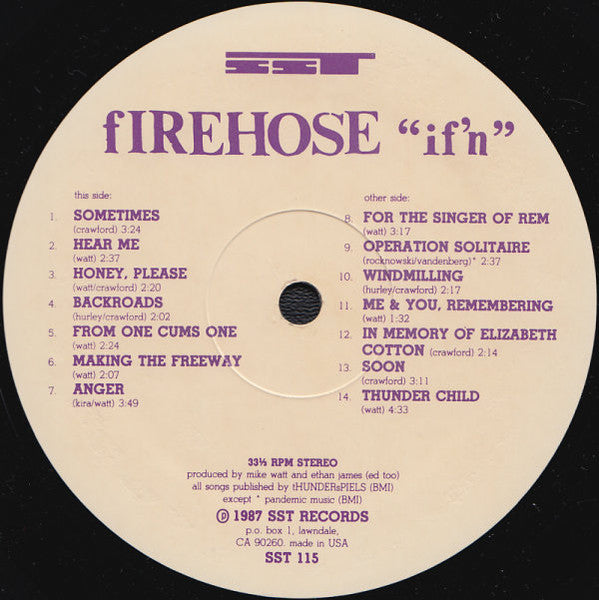 Image of Label Cover of 4625189E: LP - FIREHOSE, "if'n" (SST; SST 115, US 1987) Strong VG+, Cut-out (Corner cut)  VG+/VG+