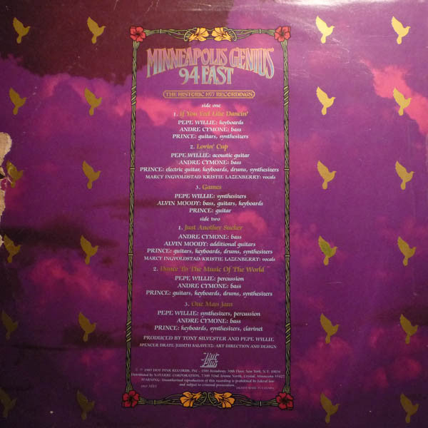 Image of Back Cover of LP - VG+/VG - 94 EAST (PRINCE), Minneapolis Genius (The Historic 1977 Recordings) (Hot Pink Records Inc. ; HPL 3223, US 1985, Inner), A few hairlines, Still in opened shrinkwrap with hype sticker & import sticker, seam split on Inner,  - 3246322S