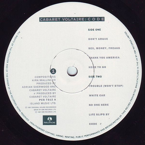 Image of Label Cover of LP - VG/VG - CABARET VOLTAIRE, Code (Parlophone; PCS 7312, UK 1987, Inner), Edge wear. Some light marks but plays like a VG+.,  - 3946317S