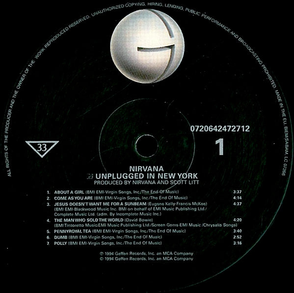 Image of Label Cover of LP - VG+/VG+ - NIRVANA, MTV Unplugged In New York (Geffen Records; 0720642472712, Europe 2008 Reissue, Inner, 180 Gram Vinyl), Still in hype stickered shrinkwrap.,  - 2616073C