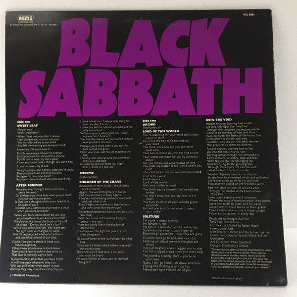 Image of Back Cover of LP - VG/VG - BLACK SABBATH, Master Of Reality (NEMS; NEL6004, UK 1976 Reissue, UK Sleeve, "Made In Holland" On Labels), Sleeve has edge wear & creases.,  - 2616126C