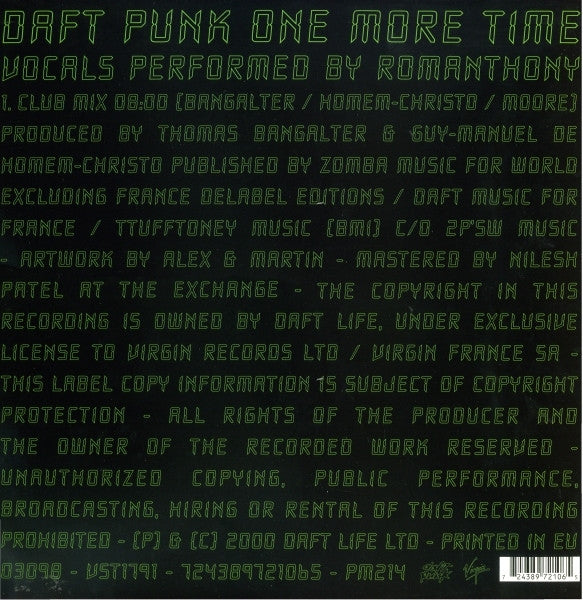 Image of Back Cover of 12" - VG/G - DAFT PUNK, One More Time (Virgin; VST1791, UK & Europe 2000, Glossy Sleeve, Black Glossy Inner, Single Sided ), Plays with clicks throughout. Sleeve has some shelf wear.,  - 2226017E