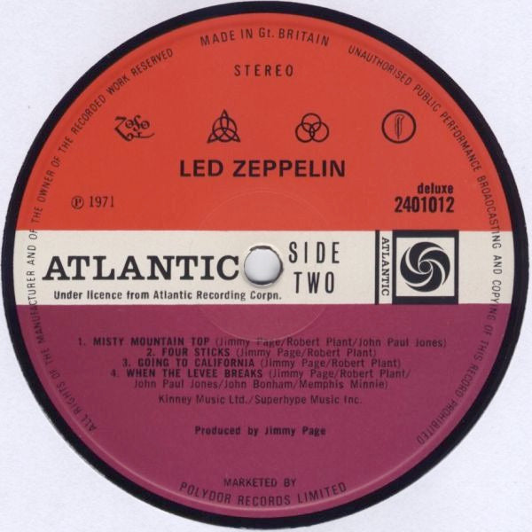 Image of Label Cover of LP - VG/VG - LED ZEPPELIN, Led Zeppelin IV - Untitled (Atlantic Plum & Orange; 2401012, UK 1971, Gatefold, Inner, Version 5, No Peter Grant on Label, Led Zeppelin Above Spindle Hole, 'Misty Mountain Top' Misspelling), Hairlines, edge wear, tears on Inner, 'Plum' Atlantic pressing on red/white/plum label.This is the 5th (of 8) known 'plum' label variants. Specific to this label are:'Marketed by Polydor Records Limited' at 6 o'clock on labels.'Under license from Atlantic Recordin