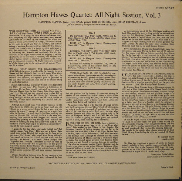 Image of Back Cover of LP - VG/VG - HAMPTON HAWES QUARTET, All Night Session, Vol. 3 (Contemporary; S 7547, US 1960s Reissue, Stereo), Edge / corner wear on sleeve. Corner creased too; light staining,  - 0916486C
