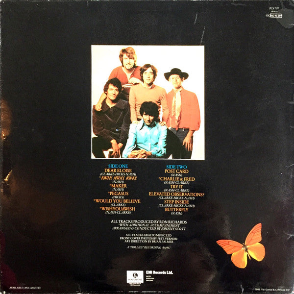 Image of Back Cover of 4215163C: LP - THE HOLLIES, Butterfly (Parlophone; PCS 7177, UK 1978 Reissue, Alternate Laminated Sleeve - Black With Coloured Butterflies) Light marks, Ring wear  VG/VG