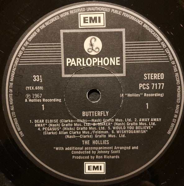 Image of Label Cover of 4215163C: LP - THE HOLLIES, Butterfly (Parlophone; PCS 7177, UK 1978 Reissue, Alternate Laminated Sleeve - Black With Coloured Butterflies) Light marks, Ring wear  VG/VG