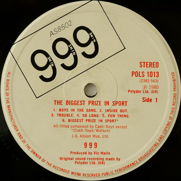 Image of Label Cover of LP - VG/VG - 999, Biggest Prize In Sport (Polydor; POLS1013, UK 1980), ,  - 2726158E
