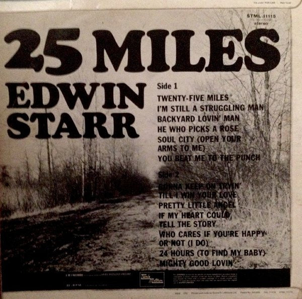 Image of Back Cover of LP - VG/G+ - EDWIN STARR, 25 Miles (Tamla Motown; STML11115, UK 1969, Laminated Front Flipback Sleeve, Inner, Stereo), Marks on disc. Plays well. Light ringwear.,  - 3326134E