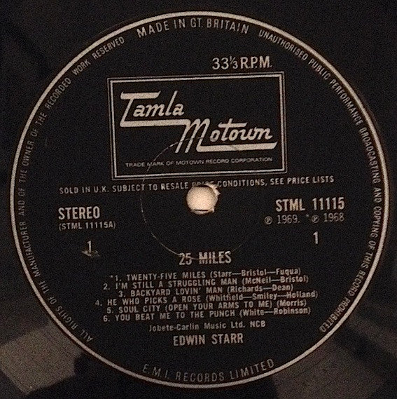 Image of Label Cover of LP - VG/G+ - EDWIN STARR, 25 Miles (Tamla Motown; STML11115, UK 1969, Laminated Front Flipback Sleeve, Inner, Stereo), Marks on disc. Plays well. Light ringwear.,  - 3326134E