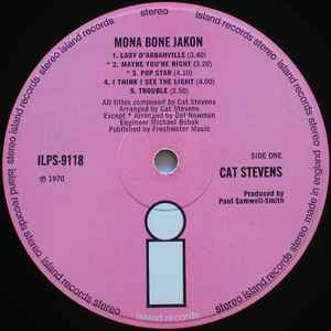 Image of Label Cover of 4644446S: LP - CAT STEVENS, Mona Bone Jakon (Island Pink/i logo; ILPS9118, UK 1970, No Inner) A few very light scuffs, edge and ring wear  G+/VG