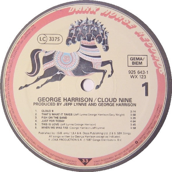 Image of Label Cover of LP - VG+/VG - GEORGE HARRISON, Cloud Nine (Dark Horse Records ; 925 643-1, Europe 1987, Inner), ,  - 2526228E