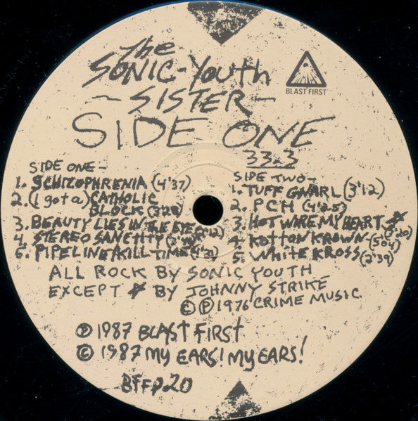 Image of Label Cover of LP - VG/VG - SONIC YOUTH, Sister (Blast First; BFFP 20, UK 1987, Uncensored Sleeve, Inner, Richard Avedon/Disney Photos, BFFP20 On Both Labels, 'In Association With Mute' Logo On Rear), Hairlines, edge & ring wear,  - 3846246S