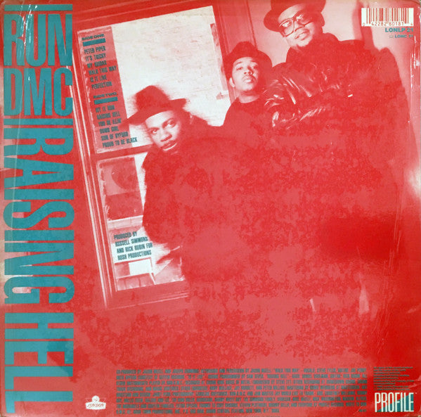 Image of Back Cover of LP - VG/VG - RUN DMC, Raising Hell (Profile; LONLP21, UK 1986), Light hairlines. Sleeve has edgewear, small split on top seam, small tear on opening section, remnants of sticker top right. ,  - 4426079E