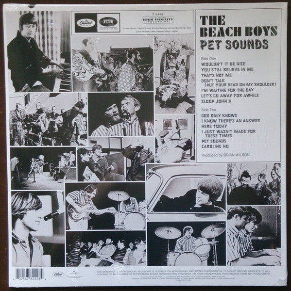 Image of Back Cover of LP - NEW/NEW - THE BEACH BOYS, Pet Sounds (Capitol Records ; 4782228, Europe 2016 Reissue, Single Sleeve, Mono, 180 Gram Vinyl), , The group here reached a whole new level in terms of both composition and production, layering tracks upon tracks of vocals and instruments to create a richly symphonic sound. Conventional keyboards and guitars were combined with exotic touches of orchestrated strings, bicycle bells, buzzing organs, harpsichords, flutes, Theremin, Hawaiian-sounding string 
