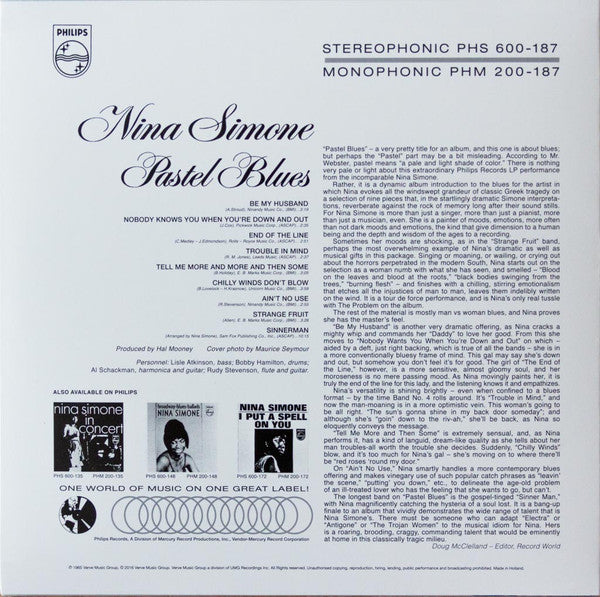 Image of Back Cover of LP - NEW/NEW - NINA SIMONE, Pastel Blues (Philips; 0600753605714, Europe 2016 Reissue), ,  - 2216296C